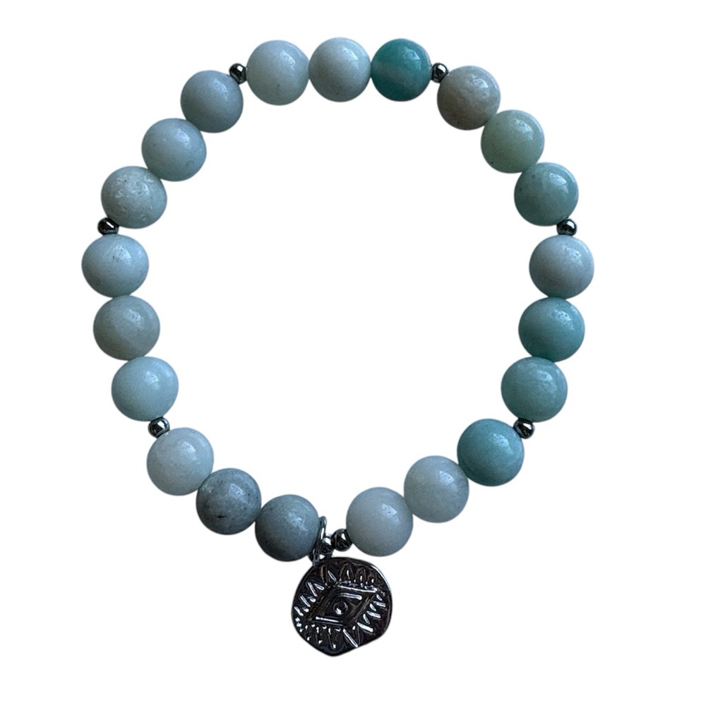 New Healing Stone Amazonite 8MM Bead Evil Eye Charm Stretch Bracelet Calming